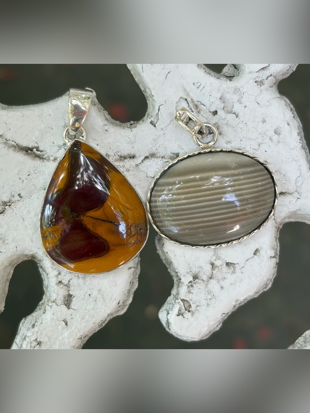 Amber Teardrop and Gray Oval Stone Pendant Set - Women Jewelry